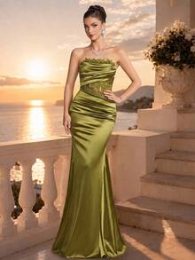 Coutiva Women's Elegant Formal Party Prom Rehearsal Dinner Banquet Dress Satin Patchwork Sheer Mesh Lace Applique Strapless Evening Gown Wedding Green Summer - Olive Green - View 9