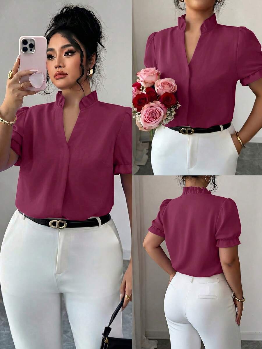 Elenzga Plus Size Premium Elegant Commuter Solid Color Turn Collar Blouse - Purple - View 1