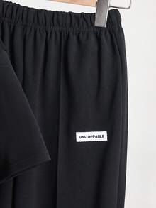 SHEIN 兒童 2件組 青少年男孩休閒字母編織標籤裝飾黑色套頭T恤與長褲套裝，適合學校、花園、海灘、生日，春夏季 - 黑色 - 查看 6