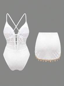 Swim Oasis-D 女款純色細肩帶前胸貝殼鏈飾兩件式比基尼 - 白色 - 查看 2