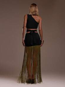 Glyssa Asymmetrical Shoulder Waistline Cutout Tassel Hem Dress, Ibiza Style, Sexy Beach Romantic Elegant Occasion Birthday Bohemian Dress - Black - View 2