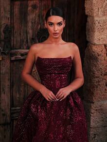 Glamrae Elegant Romantic Fashion Burgundy 3D Jacquard Fabric Strapless Cowl Neck Long Maxi A-Line Skirt Dress With Detachable Back Bow Decoration, Suitable For Graduation, School Opening, Music Festival, Birthday Party, Wedding, Afternoon Tea Party, Prom, Bachelorette Party, All Formal Occasions, Women's Evening Gown - Burgundy - View 3