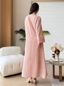 Yasmyna V-Neck Pearl Embellished Cuffs Patchwork Wavy Stripe 3D Floral Powder Pink Dress - Pink - View 11