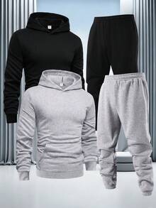 SHEIN 青少年男孩休閒舒適百搭寬鬆純色連帽衫與運動褲套裝，適合運動、上學與外出，件 - 彩色 - 查看 5