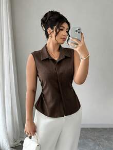 SHEIN LUNE CURVE Women's Plus Size Summer 1pc Lapel Sleeveless Cinched Waist Asymmetrical Hem Slimming Commute Elegant Denim Effect Sleeveless Shirt - Brown - View 5