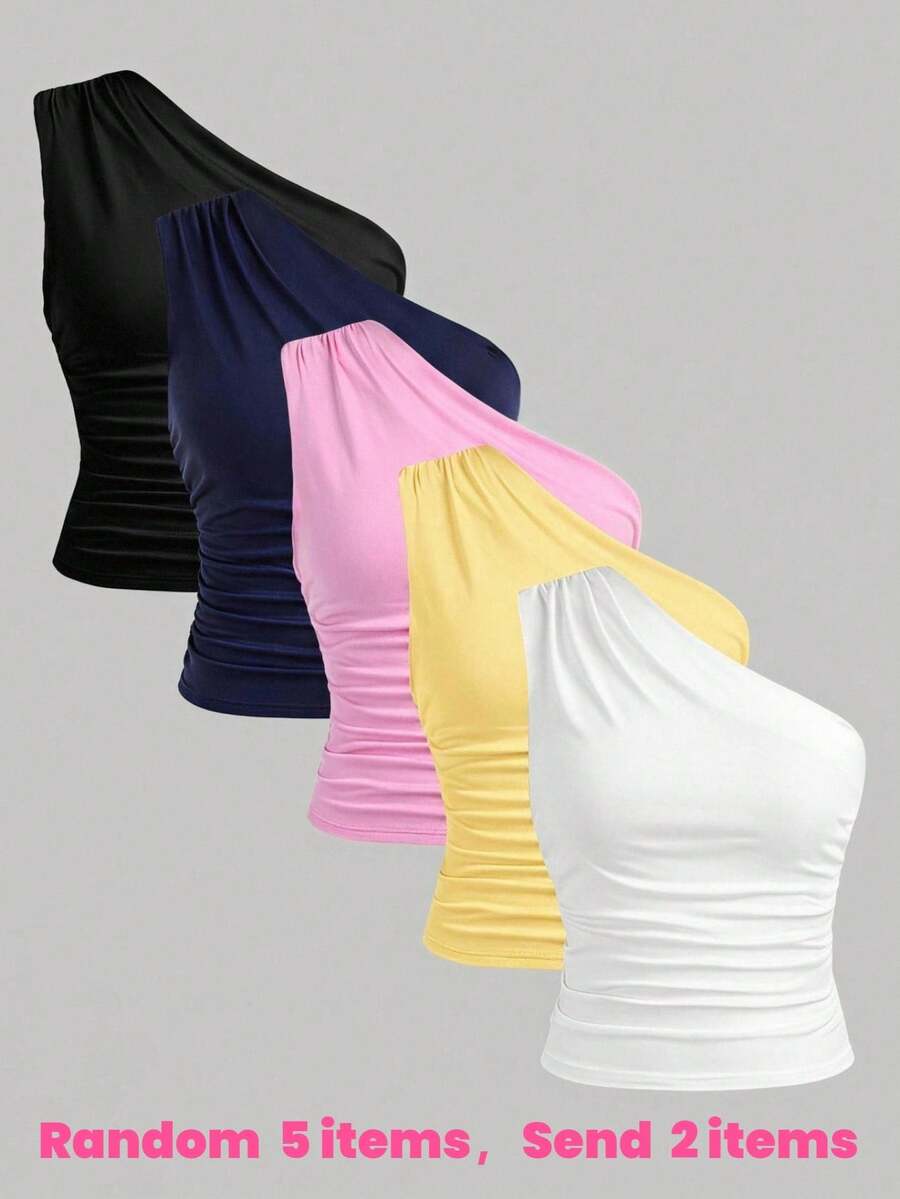 Girlism Baju Tank Top & Camisole 2pcs untuk Remaja Perempuan, Musim Semi/Panas, Warna Polos Baru, Model Kasual dengan Detail Kerut dan Garis Leher Asimetris, Cocok untuk Kembali ke Sekolah. - Blue and White - View 1