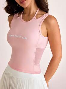 Dewbera Dewbera Sports Pink T-Shirt Tank Top Running Yoga Halter Neck Design Gym Summer Athleisure Athletic Graphic Y2k - Pink - View 4