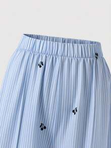 SHEIN 3件組黃色長袖條紋數位印花襯衫、黑色長褲、細肩帶背心，適合春夏戶外穿著 - 藍色 - 查看 3