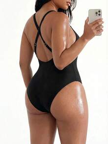 Oceva 2026 New Plus Size Women's Sexy Deep V Metal Ring Halter Neck One-Piece Swimsuit, Beach Vacation, Summer Holiday Outfit, Party Wear, Elegant Black - Black - View 3