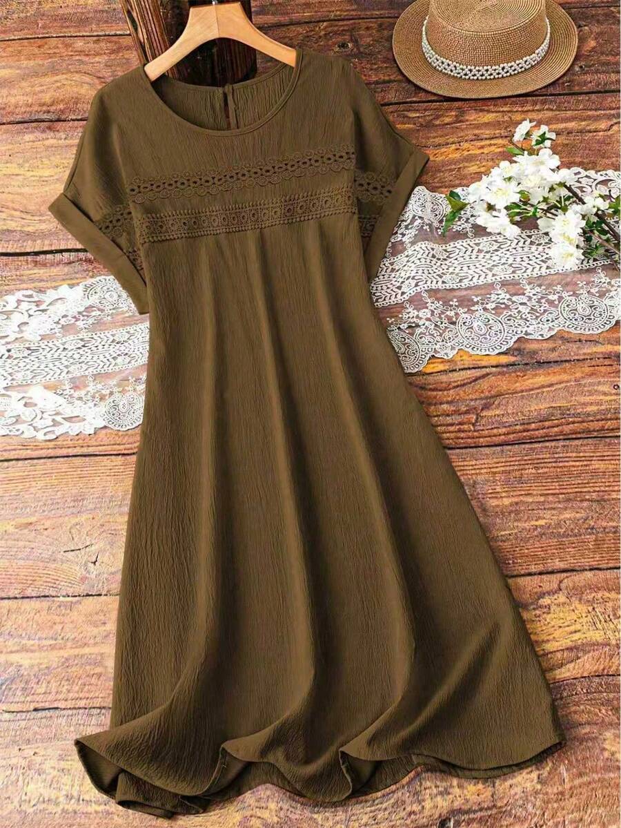 EMERY ROSE Vestido sin mangas de talla grande para mujer con unicolor y encaje calado - Marrón - Ver 1