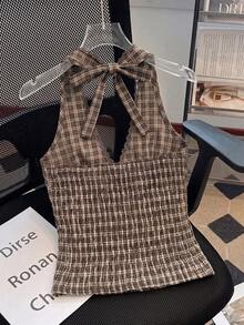 Roelina 女款夏季新款格紋性感V領棕色緊身上衣，蕾絲拼接珍珠裝飾，女士格紋上衣，女士海灘度假風細肩帶背心，優雅休閒波希米亞風海灘穿搭，適合情人節、派對、復活節、夏威夷音樂節與熱帶假期 - 棕色 - 查看 2