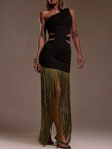 Glyssa Asymmetrical Shoulder Waistline Cutout Tassel Hem Dress, Ibiza Style, Sexy Beach Romantic Elegant Occasion Birthday Bohemian Dress - Black - View 5