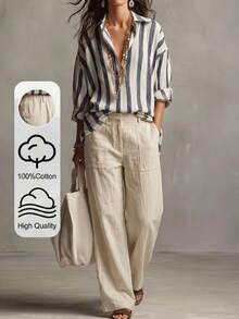 Levarali Women's Solid Color Textured Vacation Fashion Loose Casual Long Pants Beige Autumn - White - View 2
