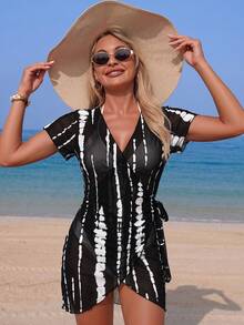 Swim Lushoire Women's Textured Fabric Black Front Cross V-Neck Tie Design Cover-Up Vintage Breezy Tropical Vacation Beach Holiday Party Style Summer - Black - View 4