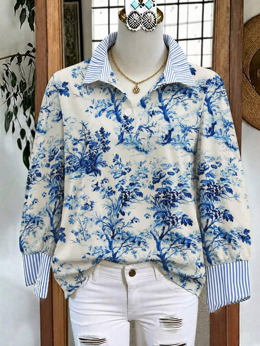 Linhara Plus Size Women's Casual Spring/Autumn Blouse, Minimalist Versatile Retro Style, Random Blue And White Porcelain Print With Striped Patchwork, Lapel Collar, Loose Fit, Suitable For Spring/Autumn Wear - Blue and White - View 1