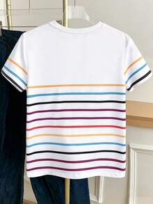 Resyla Women's Colorful Striped Crew Neck Short Sleeve T-Shirt - White - View 2