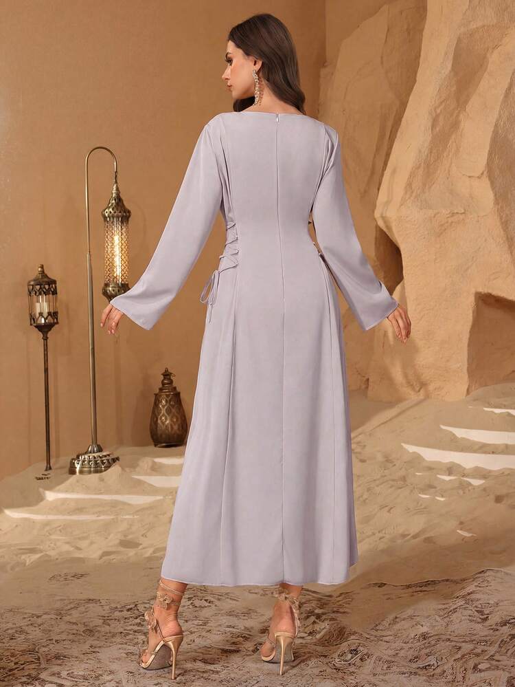 Al Najma Women's Elegant Round Neck Beaded Embroidery Arabian Dress For Outings - Light Grey - View 2