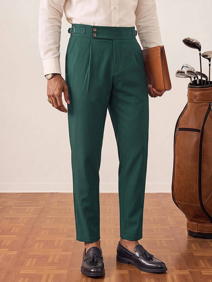 Tonviero Men's Casual Minimalist Pleated Solid Color Tapered Formal Pants, Spring/Autumn, Fall - Dark Green - View 1