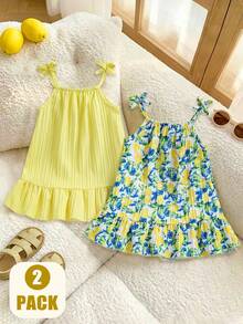 SHEIN Playful Pals 2件組夏季女童洋裝，黃色細肩帶純色與檸檬印花洋裝套裝，適合休閒日常穿著，女童專屬 - 彩色 - 查看 4