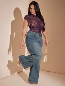 SHEIN BAE CURVE 大尺碼性感透視蕾絲連身內衣，夏季款 - 紫色 - 查看 1