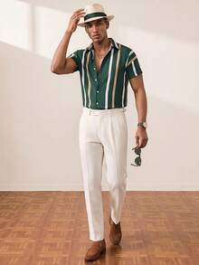 Manfinity Homme Men Striped Print Shirt, Green And Gold Shirt Men, Men Striped Shirt, Vertical Striped Shirt Men - Green - View 3