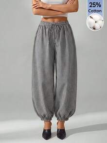 Vivamere Yarn-Dyed Plaid Lantern Pants, Extra Wide Leg, Cotton Blend, Comfortable, Low Waist Brunch Vacation White And Black Autumn Casual Picnic - Brown - View 2