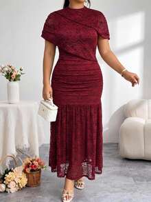 Modelyn Plus Size Women's Round Neck Solid Color Floral Lace Ruffle Hem Dress Evening Wedding Burgundy Summer Formal Elegant - Burgundy - View 1