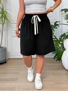 SHEIN EZwear 大尺碼夏季休閒百搭純色短褲 - 黑色 - View 4