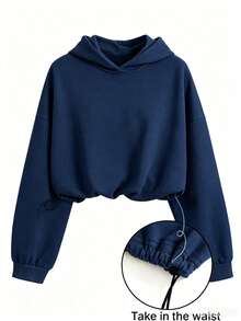 INAWLY Women's Casual Fashion Loose Cinched Waist Hooded Sweatshirt - Navy Blue - View 1