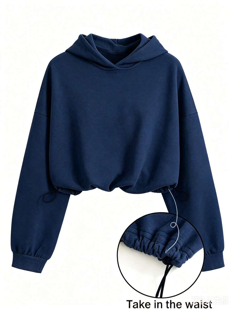 INAWLY Women's Casual Fashion Loose Cinched Waist Hooded Sweatshirt - Navy Blue - View 1
