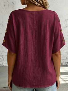 Linhara CURVE Plus Size Women's Solid Color V-Neck Button Design Short Sleeve Casual Loose Fit Shirt - Burgundy - View 2