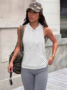 Dewbera Dewbera 女款夏季網球風戶外運動波點印花前中口袋無袖連帽露背設計性感瑜珈運動上衣 - 黑與白 - 查看 2