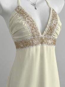 Elamini Women's Patchwork Sequin Trim Deep V-Neck Backless Halter Dress - Apricot - View 7