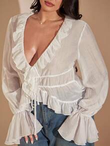 SHEIN BAE 大尺碼女款半透蕾絲荷葉邊綁帶前襟襯衫 - 白色 - 查看 7