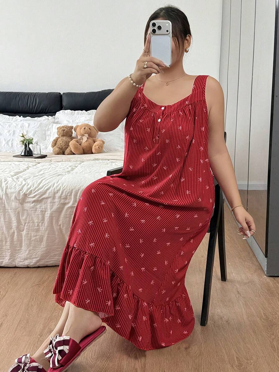 Napfluff CURVE Napfluff CURVE Dream Adore Striped Bow Sleeveless Cute Plus Size Women's Nightgown - Red - View 1
