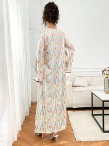 Yasmyna Women's Floral Pattern Flower Bud Trim Loose Fit Traditional Modest Elegant Arabic Long Tunic Formal White Winter Family Christening Guest - Multicolor - View 5