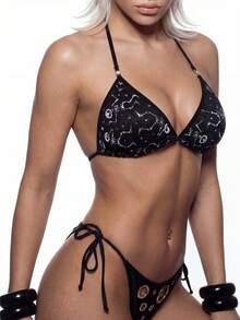 AltBold Women's Skull Print Halter Neck Bra And Triangle Panty Casual Daily Lingerie Set - Black and White - View 3