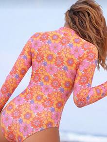Swim SPRTY 女款一件式花卉圖案印花長袖高領休閒運動衝浪潛水衣 - 彩色 - 查看 2