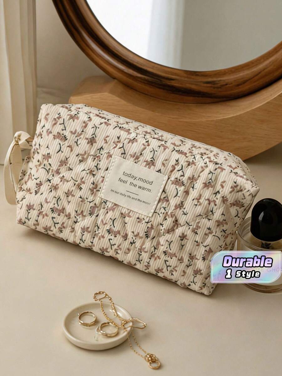 1 Pink Floral Corduroy Makeup Bag – A Multifunctional, Portable, Zippered Organizer Pouch Suitable For Storing Cosmetics, Skincare Products, Lipstick, Makeup Brushes, Hand Cream, Earphones, Coins, Keys, And More. - Multicolor - View 1