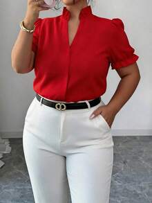 Elenzga Blusa elegante de unicolor con cuello vuelto para uso diario en tallas grandes - Rojo - Ver 3