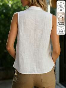 Louniche Blusa sin mangas de unicolor para mujer, diseño de botones con ajuste holgado, top de primavera/verano - Blanco - Ver 2