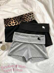 SHEIN Tween女孩豹紋拼接百褶休閒百搭日常穿著短褲 - 卡其色 - 查看 6