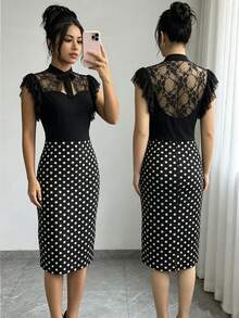 SHEIN Raffinéa 女款拼接蕾絲荷葉袖圓點印花修身優雅洋裝 - 黑色 - 查看 5