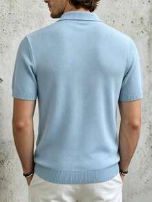 TONEVAULT Men's Fashion Button Half-Placket Short Sleeve Knit Top - Blue - View 3