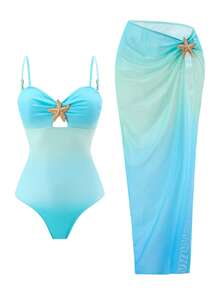 Swim Oasis 2件組女款春夏定位印花細肩帶海星裝飾長洋裝與連身泳衣套裝 - 彩色 - 查看 4