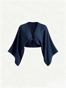 INAWLY Women's Textured Solid Color Front Knot Ruched Cropped Shirt For Vacation - Navy Blue - View 5
