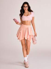SHEIN Sovereign Charm 女款素色百褶休閒百搭日常旅行運動裙褲 - 粉色 - 查看 6