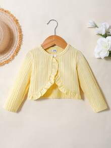 SHEIN Elladie kids 女嬰春夏紋理布料舒適百搭日常開襟衫，嬰幼兒春秋針織長袖前開式拼接荷葉邊短版波羅衫，輕盈柔軟，可搭配多款洋裝，適合女嬰秋季日常外出與疊穿，溫柔甜美 - 黃色 - 查看 2
