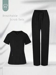 TaskEZ Conjunto de Uniforme de Fregado con Top de Manga Corta & Pantalones Largos - Negro - Ver 2