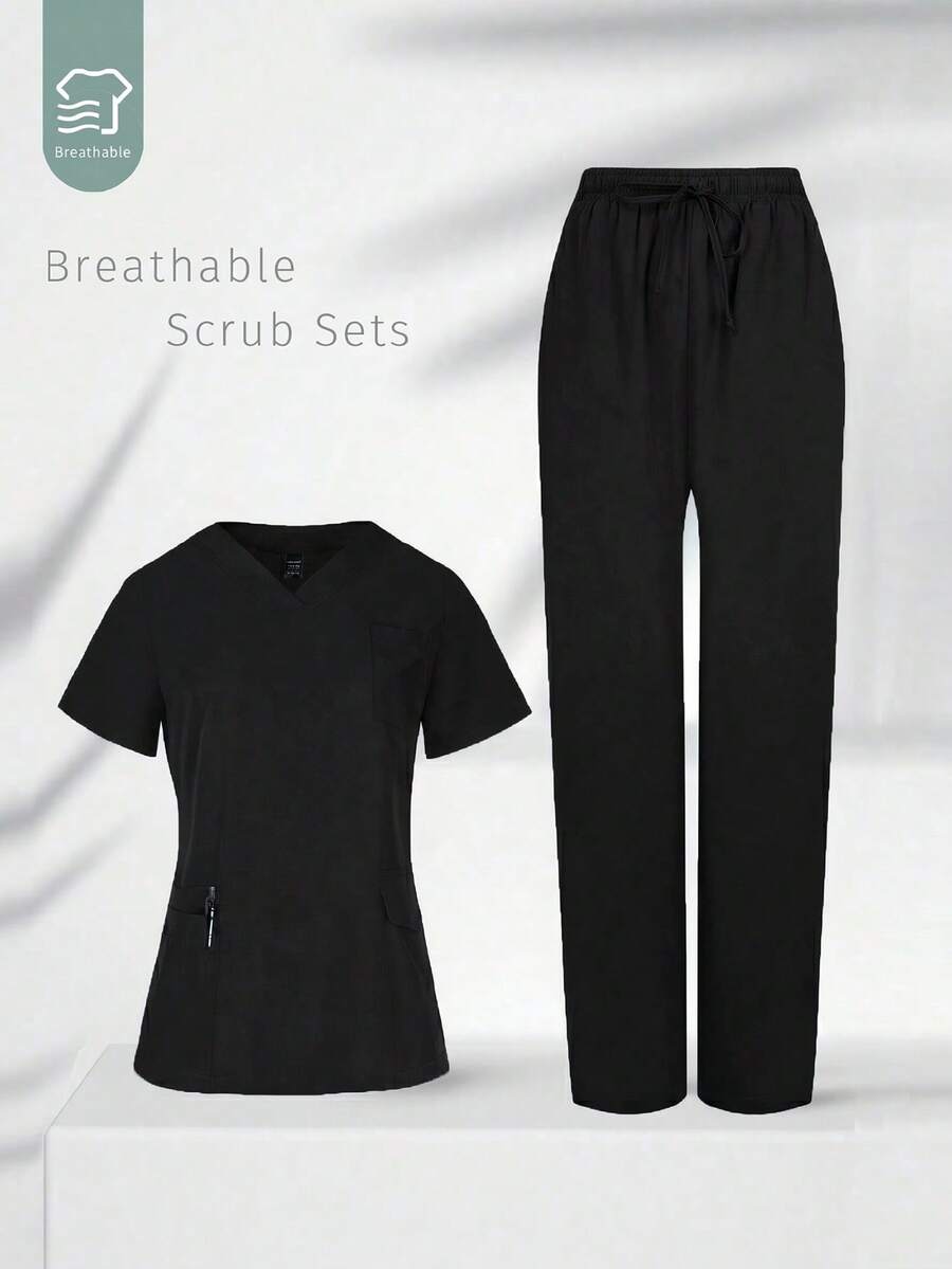 TaskEZ Conjunto de Uniforme de Fregado con Top de Manga Corta & Pantalones Largos